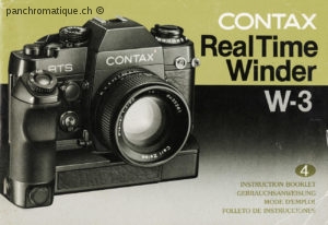 Reproduction du mode d'emploi CONTAX Real Time Winder W-3. Multilingue Français, Allemand, Anglais, Espagnol. Original en ma possession depuis 1988
